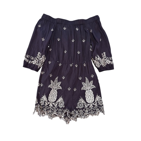 Farm Rio Jackie Tropical Pineapple Embroidered Off Shoulder Romper Linen Blend - Picture 5 of 9